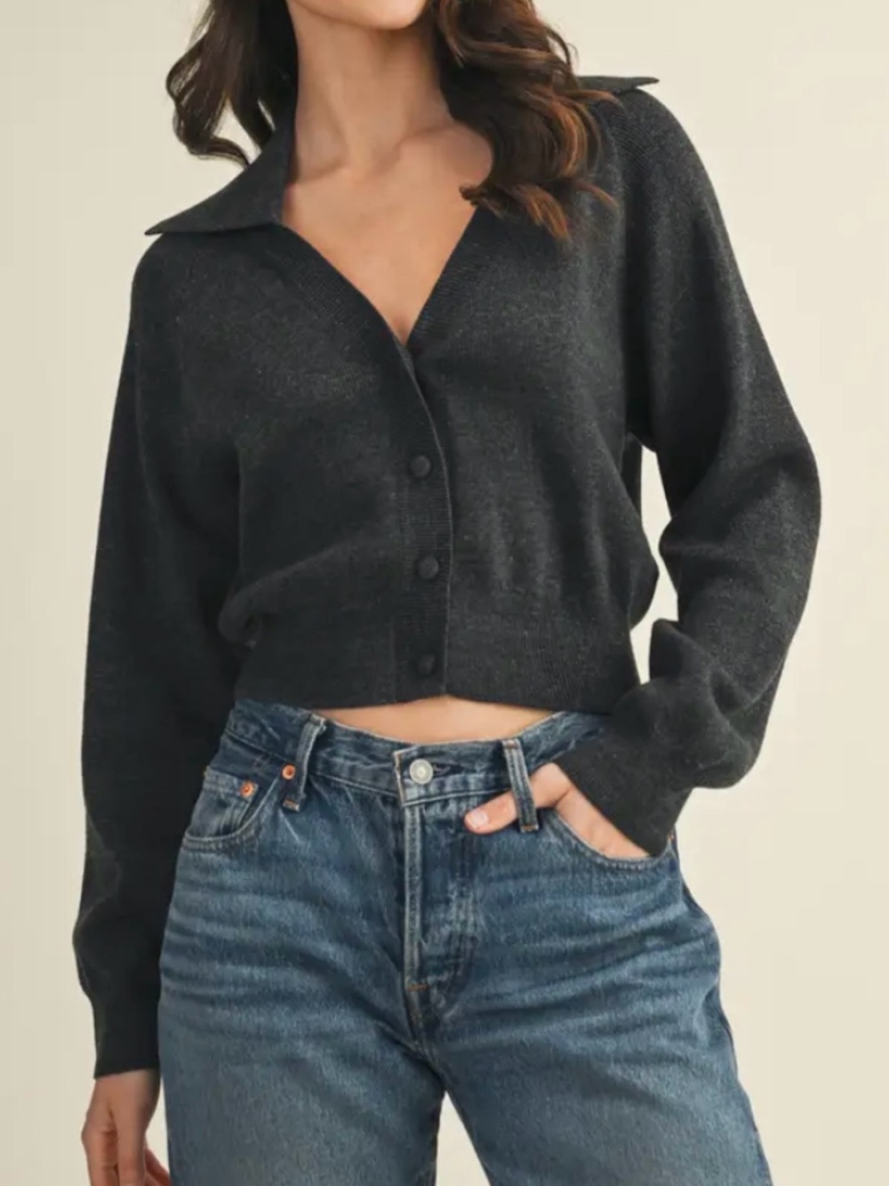 Mustard Seed Charcoal Cropped Button-Front Collared Sweater